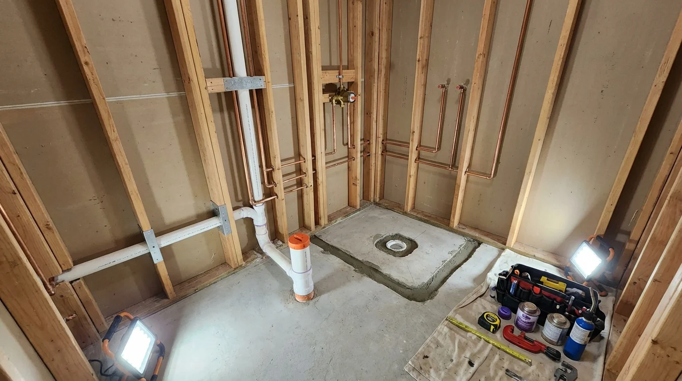 Bathroom rough-in plumbing during remodel by Johns Plumbing LLC in Double Springs