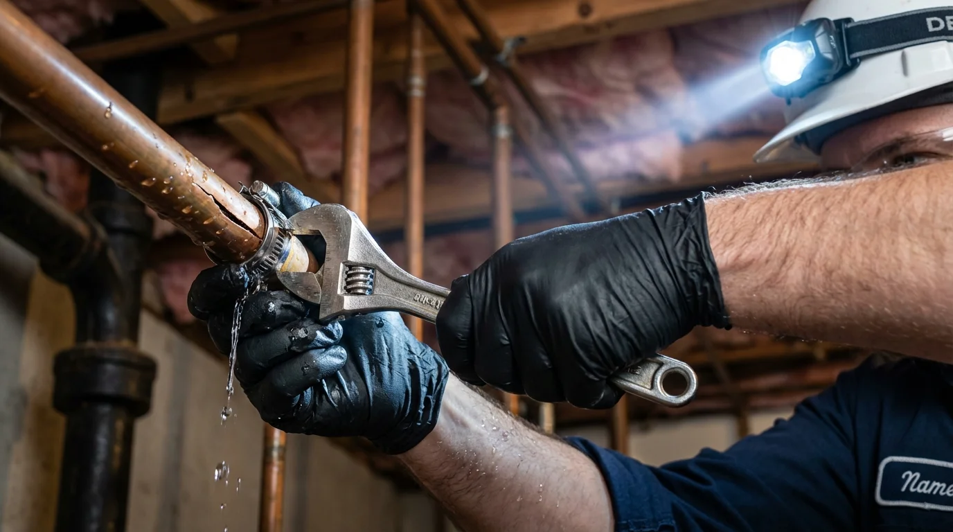 Emergency pipe clamp repair being performed by a Johns Plumbing LLC plumber in Double Springs