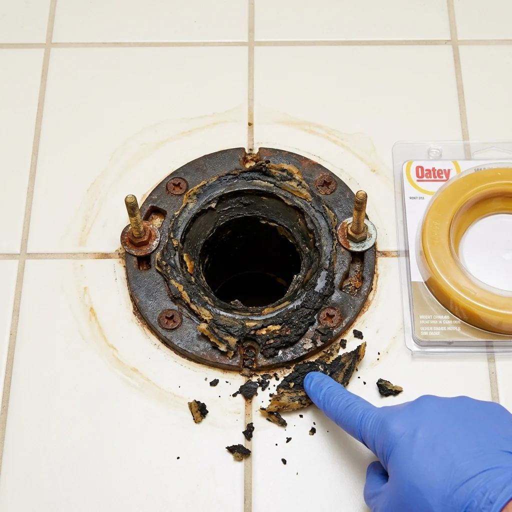 Failed wax ring showing water seepage at the base of a toilet in a Double Springs, AL home