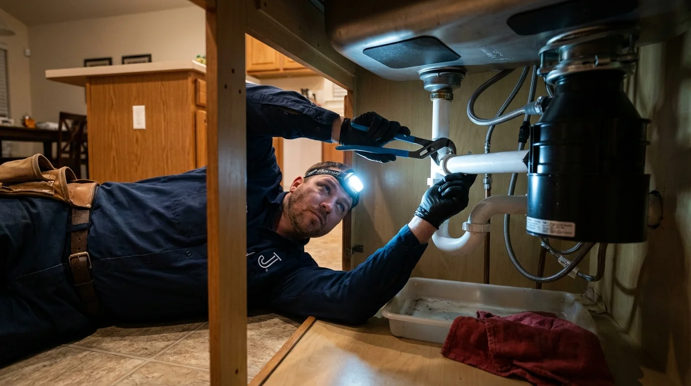 P-trap and supply line connections under a kitchen sink showing a common leak point in Double Springs, AL